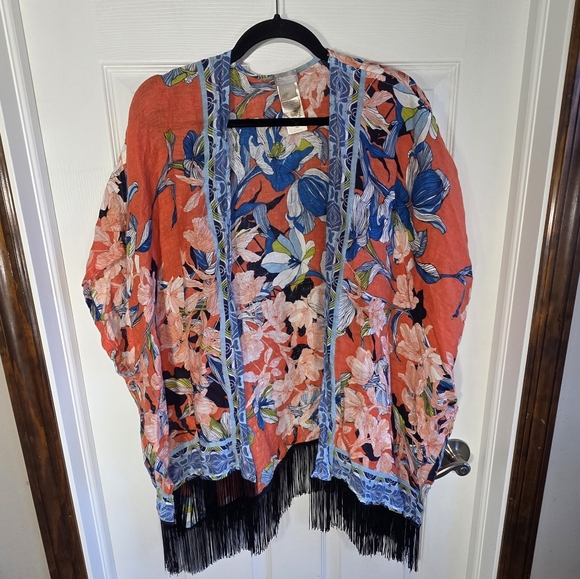 Chico's Floral Kimono Topper Ruana Fringe Orange Blue Black Size Small/Medium - Picture 6 of 16